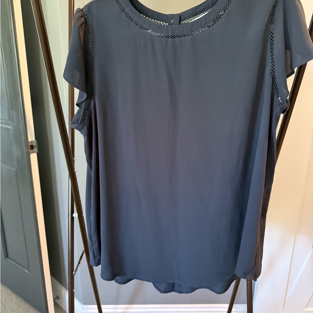 LOFT Navy Blue Blouse with Lace Accents